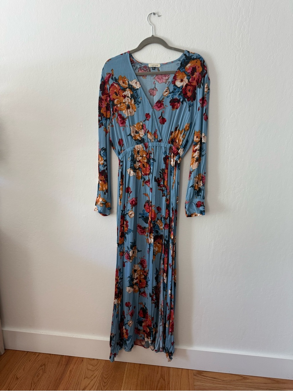 Catch Me Floral V-Neck Blue Long Sleeve Maxi Dress